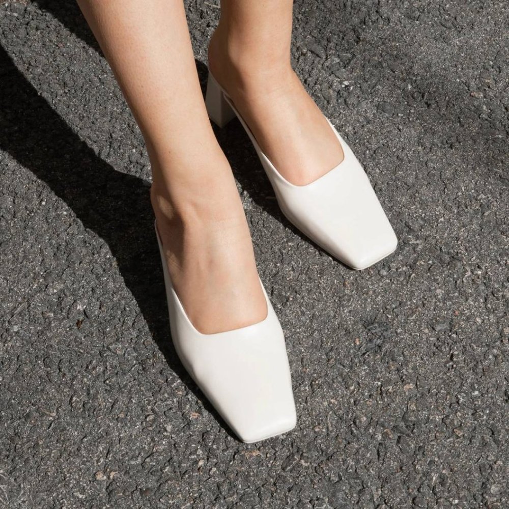 Oak + Fort Square Toe Mule White Closed Toe Heels